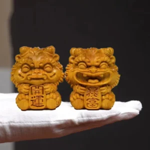 Wooden Foo Dog Statue Pair Feng Shui