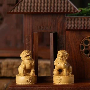 Solid Wood Carved Chinese Lion Mascot Pair